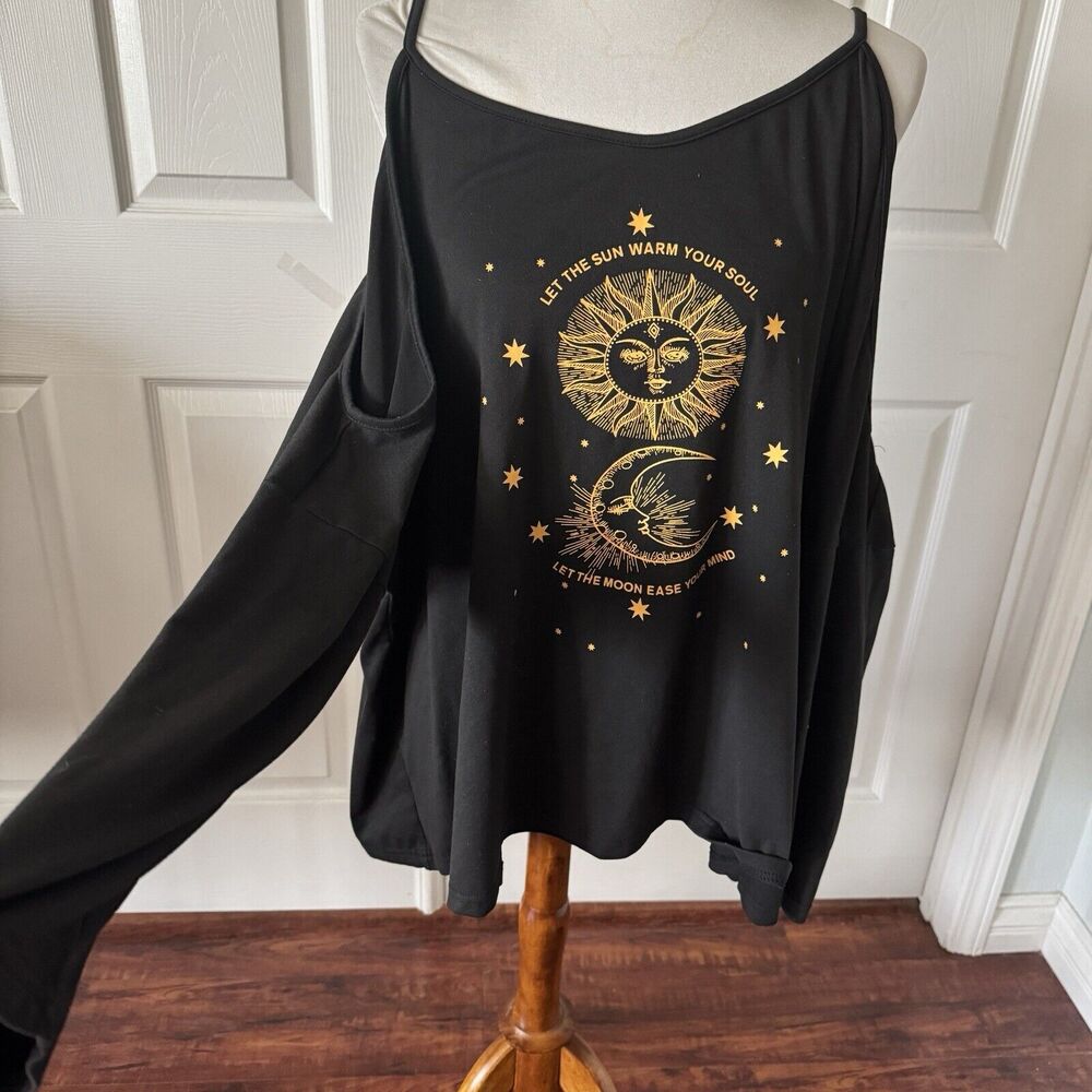 Celestial Womens Top 4XL Mystical Boho Astrology Spiritual Sun Moon Stars Black